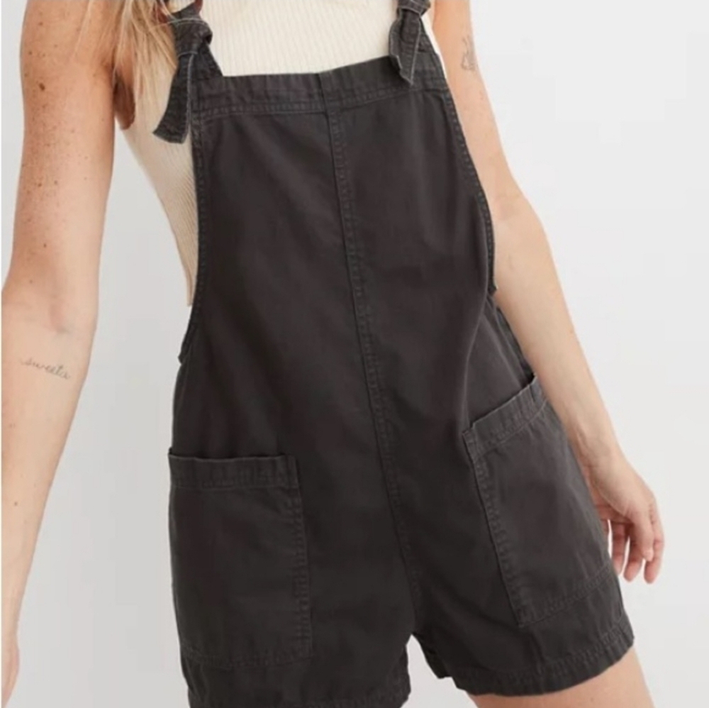 aerie Black Denim Short Overalls Romper